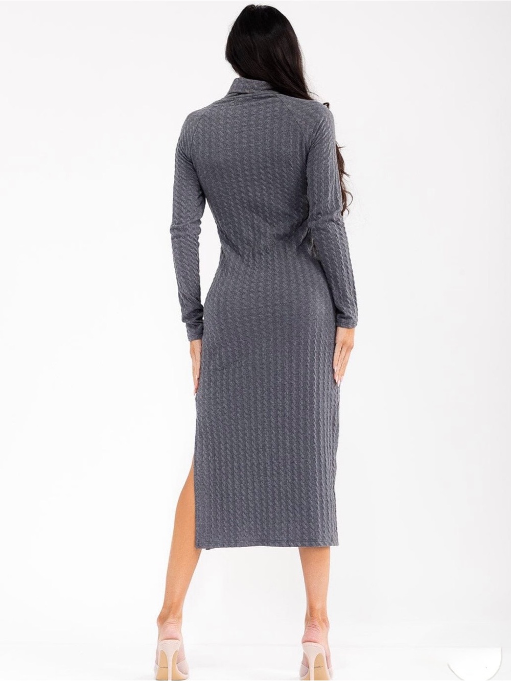 Gilli Long Sleeve Gray Turtleneck Side Slit Bodycon Ribbed Midi Dress Charcoal
